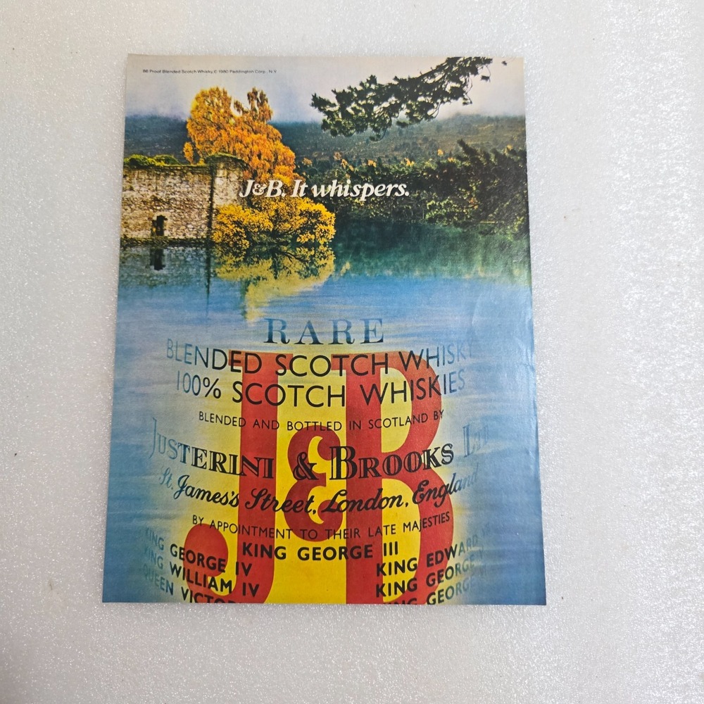 Vintage 1981 J&B Scotch Whiskey Print Ad Lake Forest Trees 8x10.5 Wall Art Decor